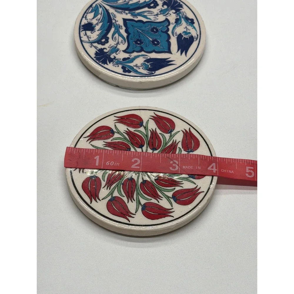 Set of 2 Ceramic‎ Coasters Turkish Tulip Floral Blue White Round Decorative